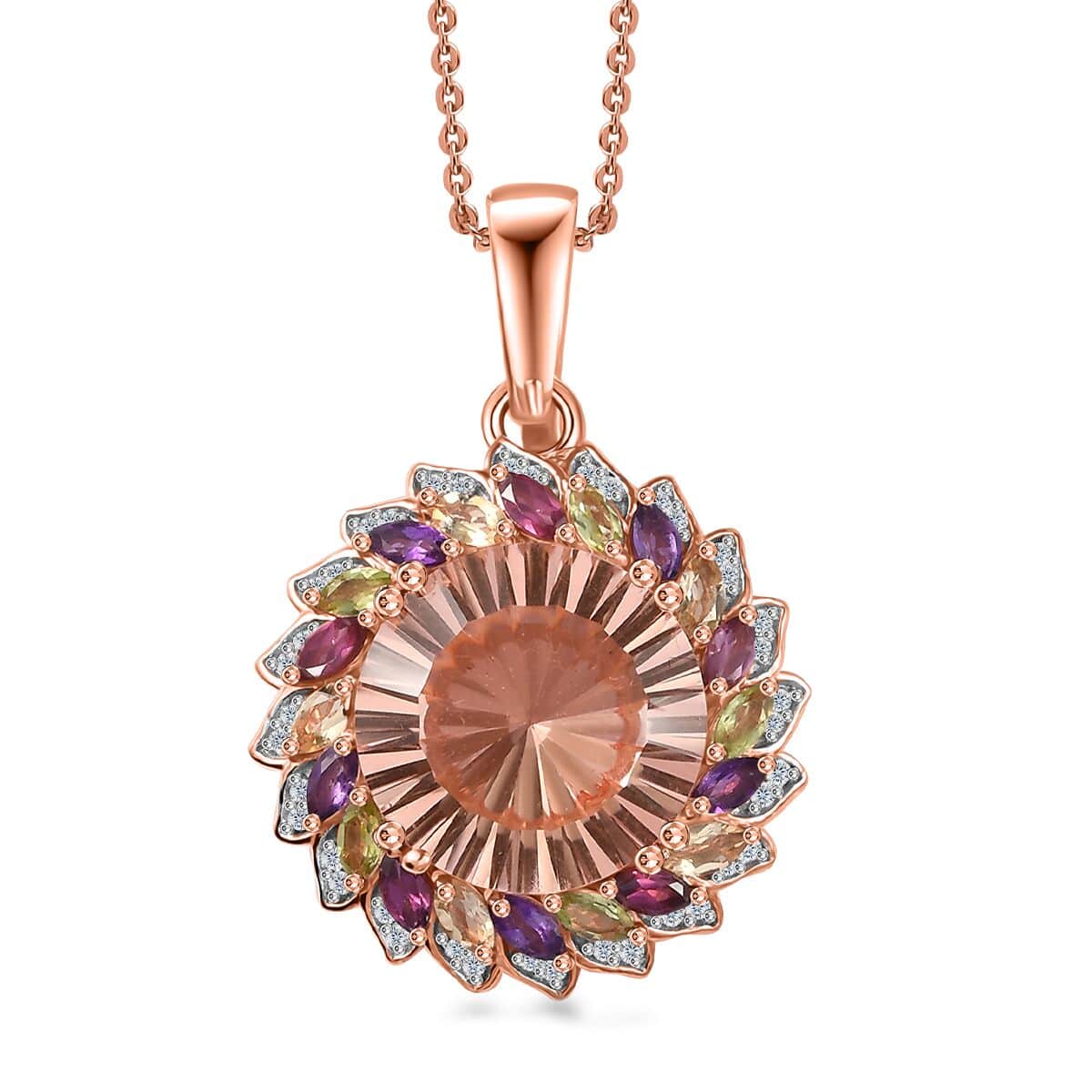 Starburst Cut Morganique Quartz (Triplet) and Multi Gemstone Daisy Floral Pendant Necklace 20 Inches in 18K Vermeil Rose Gold Over Sterling Silver 13.60 ctw image number 0