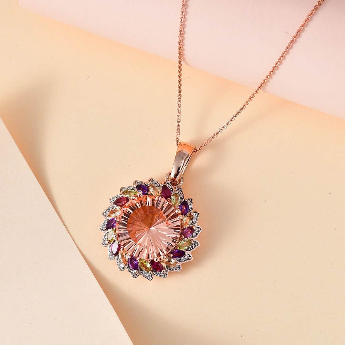 Starburst Cut Morganique Quartz (Triplet) and Multi Gemstone Daisy Floral Pendant Necklace 20 Inches in 18K Vermeil Rose Gold Over Sterling Silver 13.60 ctw image number 1