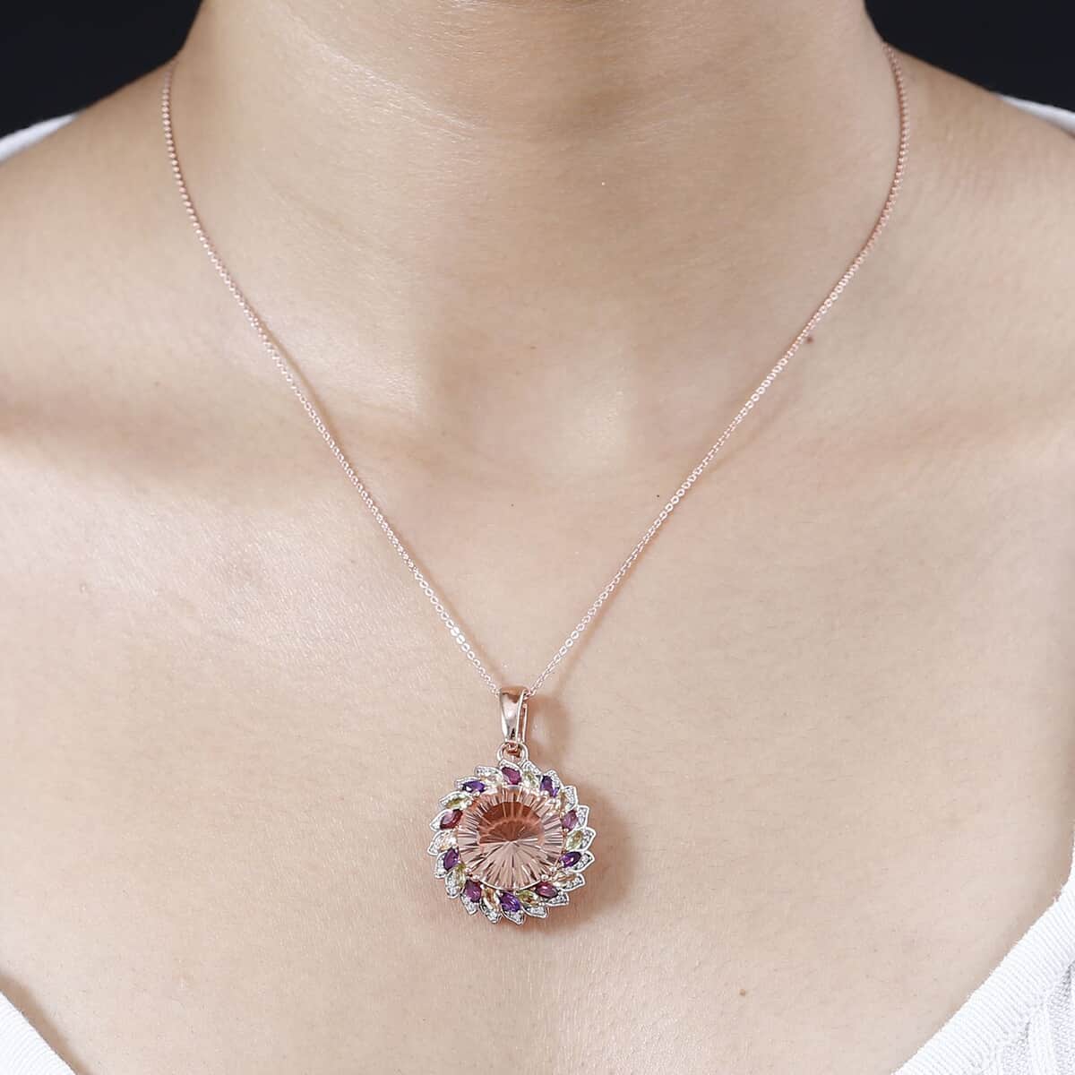 Starburst Cut Morganique Quartz (Triplet) and Multi Gemstone Daisy Floral Pendant Necklace 20 Inches in 18K Vermeil Rose Gold Over Sterling Silver 13.60 ctw image number 2