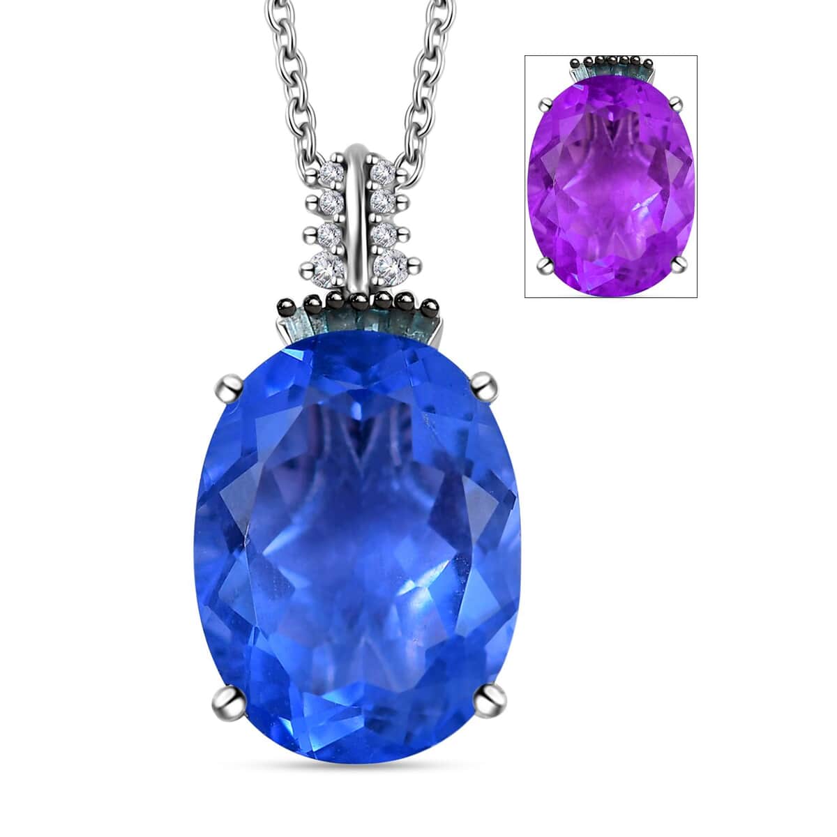 Color Change Fluorite (IR), Blue and White Diamond Pendant Necklace 20 Inches in Rhodium Over Sterling Silver 11.35 ctw image number 0