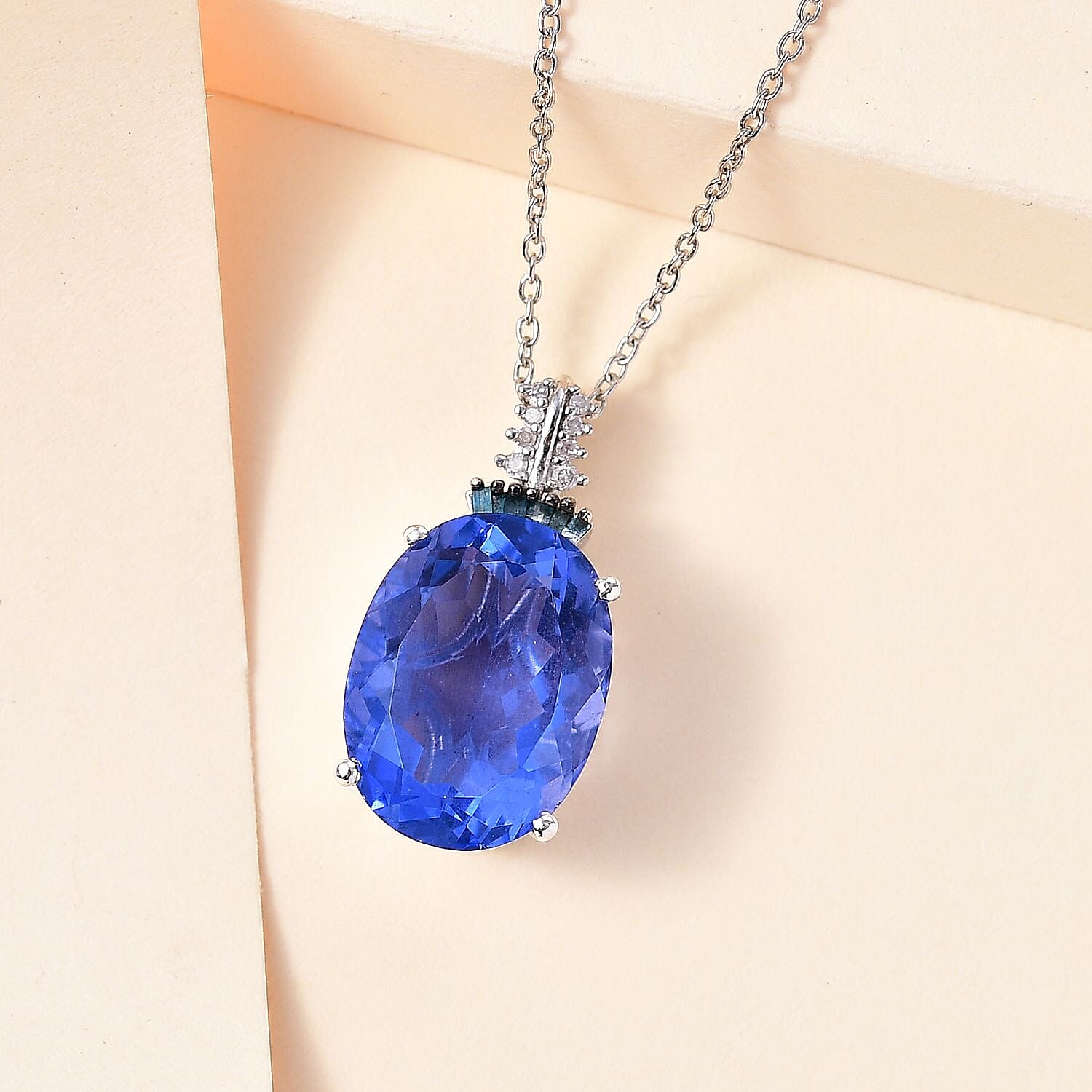 Color Change Fluorite (IR), Blue and White Diamond Pendant Necklace 20 Inches in Rhodium Over Sterling Silver 11.35 ctw