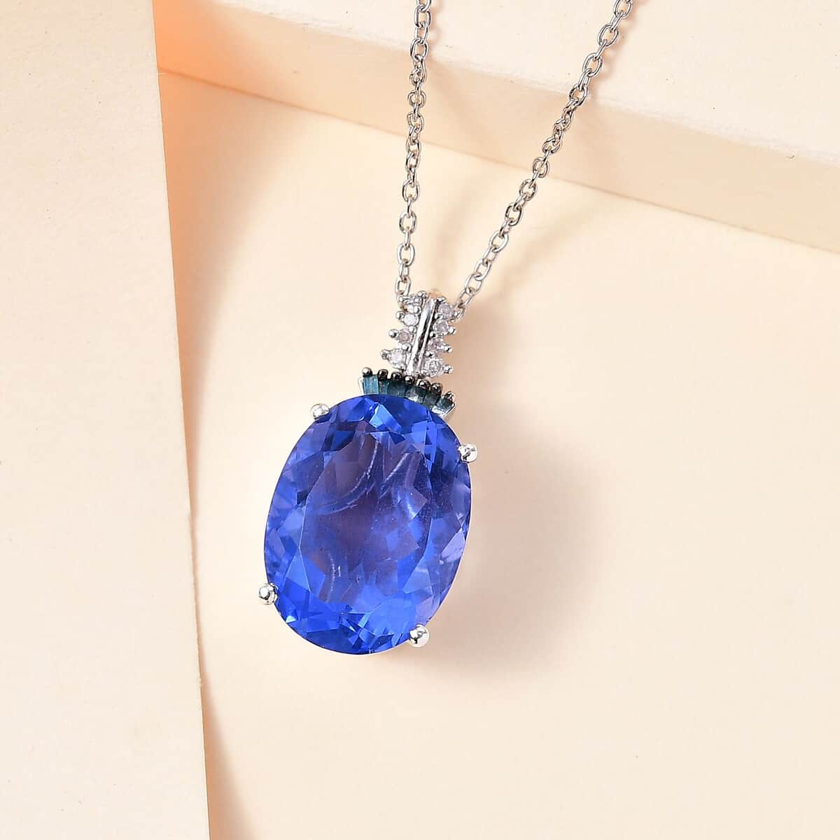 Color Change Fluorite (IR), Blue and White Diamond Pendant Necklace 20 Inches in Rhodium Over Sterling Silver 11.35 ctw image number 1