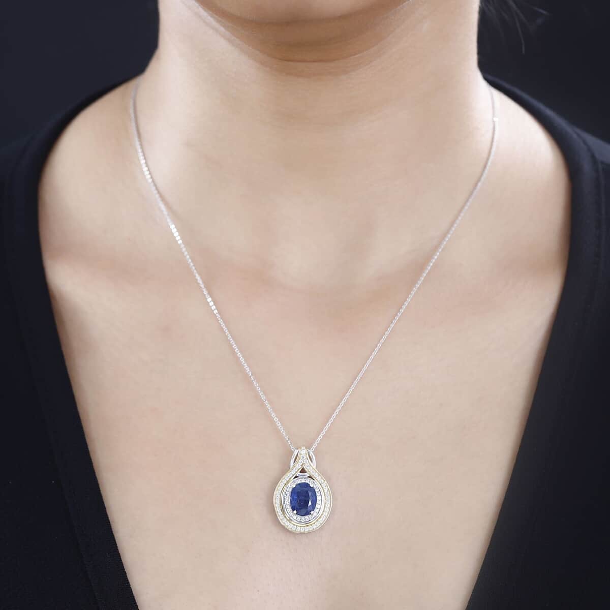 Premium Kashmir Kyanite and White Zircon Pendant Necklace 20 Inches in Vermeil YG and Platinum Over Sterling Silver 4.20 ctw image number 2