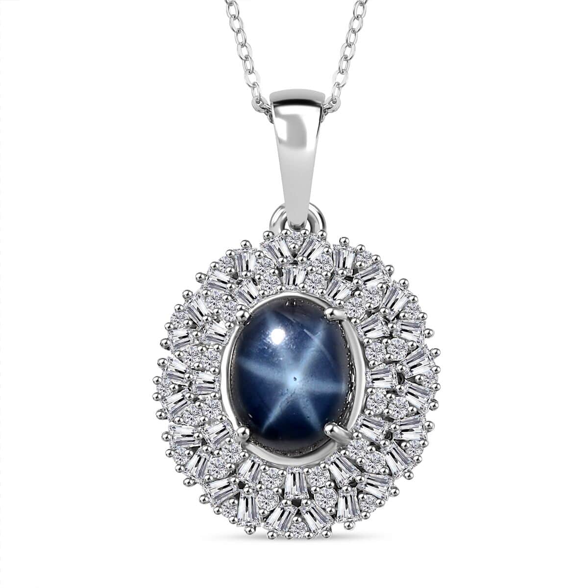 Blue Star Sapphire (DF) and Moissanite Cocktail Pendant Necklace 20 Inches in Platinum Over Sterling Silver 5.85 ctw image number 0