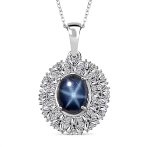 Blue Star Sapphire (DF) and Moissanite Cocktail Pendant Necklace 20 Inches in Platinum Over Sterling Silver 5.85 ctw