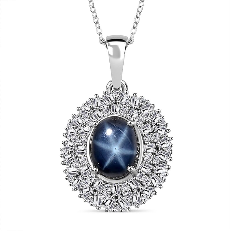 Blue Star Sapphire (DF) and Moissanite Cocktail Pendant Necklace 20 Inches in Platinum Over Sterling Silver 5.85 ctw