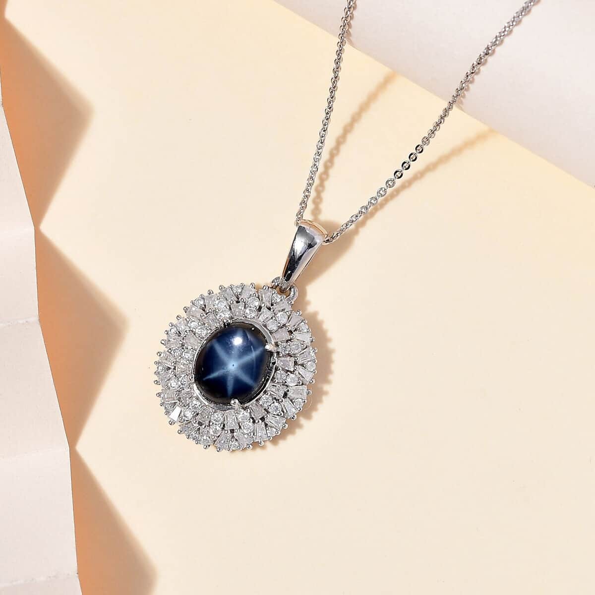 Blue Star Sapphire (DF) and Moissanite Cocktail Pendant Necklace 20 Inches in Platinum Over Sterling Silver 5.85 ctw image number 1