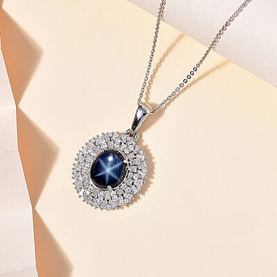 Blue Star Sapphire (DF) and Moissanite Cocktail Pendant Necklace 20 Inches in Platinum Over Sterling Silver 5.85 ctw