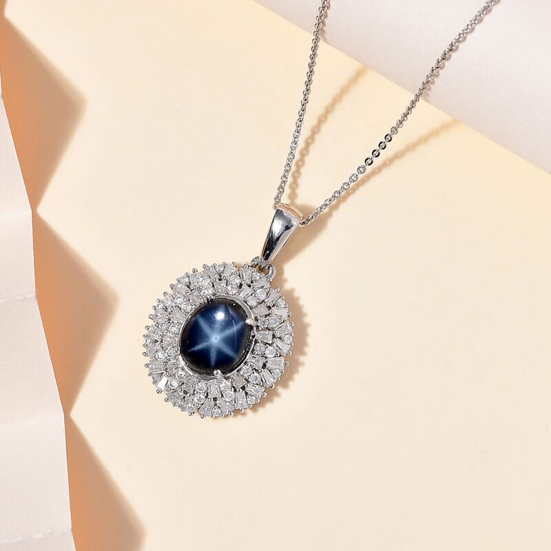 Blue Star Sapphire (DF) and Moissanite Cocktail Pendant Necklace 20 Inches in Platinum Over Sterling Silver 5.85 ctw