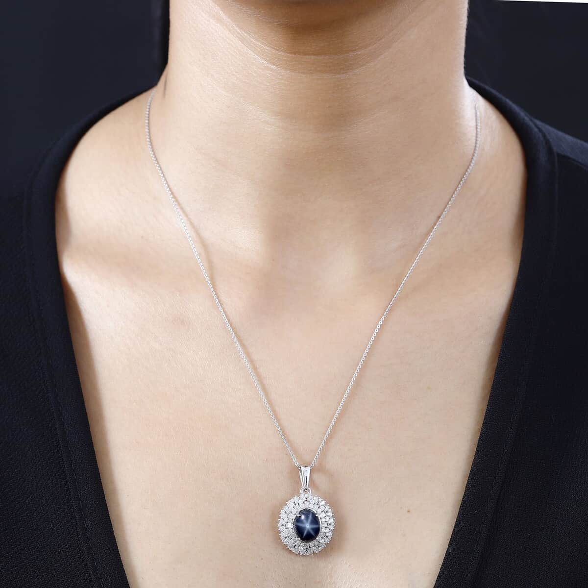 Blue Star Sapphire (DF) and Moissanite Cocktail Pendant Necklace 20 Inches in Platinum Over Sterling Silver 5.85 ctw image number 2