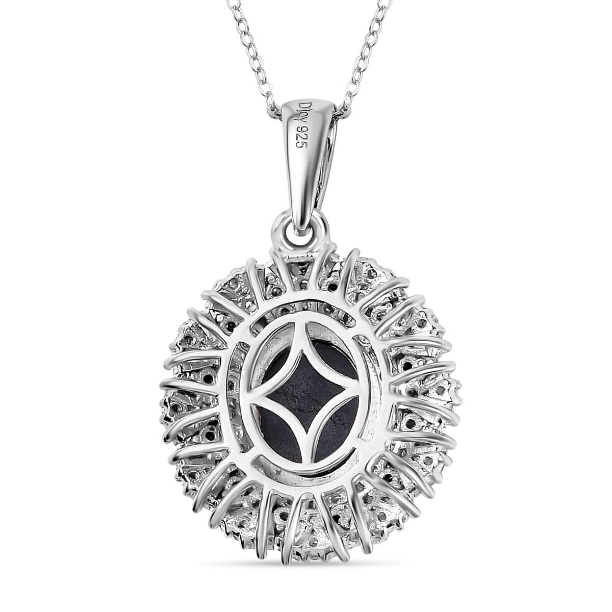Blue Star Sapphire (DF) and Moissanite Cocktail Pendant Necklace 20 Inches in Platinum Over Sterling Silver 5.85 ctw image number 4