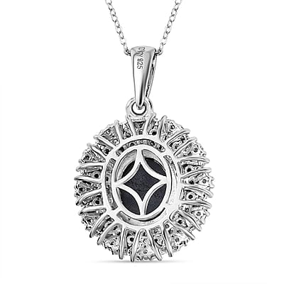 Blue Star Sapphire (DF) and Moissanite Cocktail Pendant Necklace 20 Inches in Platinum Over Sterling Silver 5.85 ctw