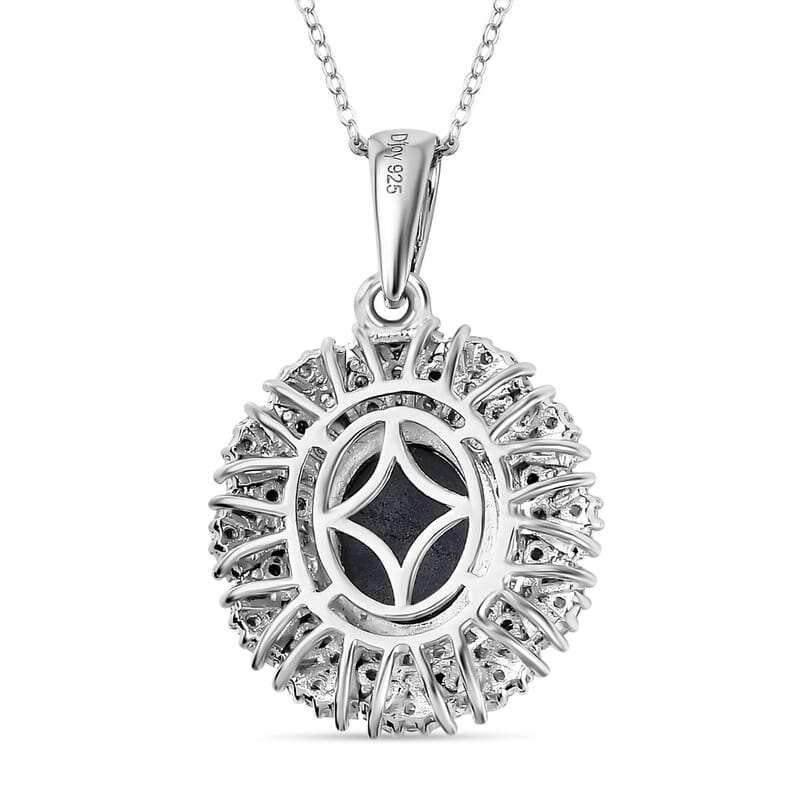 Blue Star Sapphire (DF) and Moissanite Cocktail Pendant Necklace 20 Inches in Platinum Over Sterling Silver 5.85 ctw
