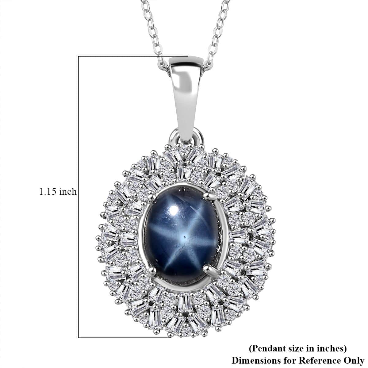 Blue Star Sapphire (DF) and Moissanite Cocktail Pendant Necklace 20 Inches in Platinum Over Sterling Silver 5.85 ctw image number 5
