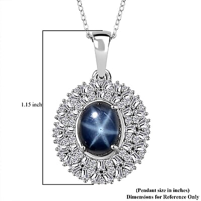 Blue Star Sapphire (DF) and Moissanite Cocktail Pendant Necklace 20 Inches in Platinum Over Sterling Silver 5.85 ctw
