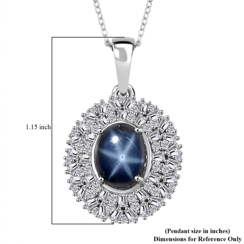 Blue Star Sapphire (DF) and Moissanite Cocktail Pendant Necklace 20 Inches in Platinum Over Sterling Silver 5.85 ctw