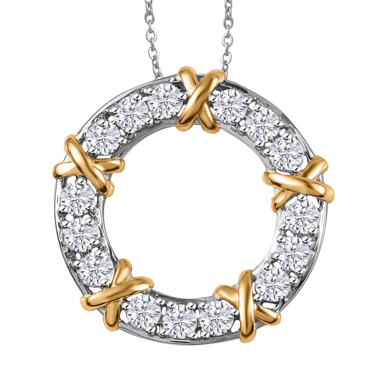 Moissanite XOXO Circle Pendant Necklace 20 Inches in Vermeil YG and Platinum Over Sterling Silver 1.50 ctw image number 0