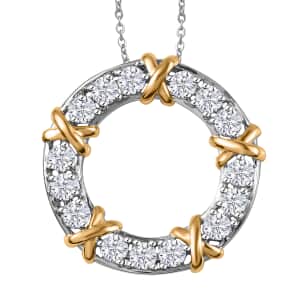 Moissanite XOXO Circle Pendant Necklace 20 Inches in Vermeil YG and Platinum Over Sterling Silver 1.50 ctw