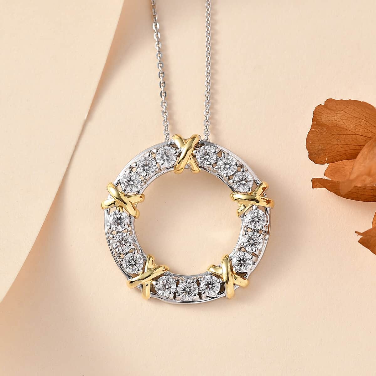 Moissanite XOXO Circle Pendant Necklace 20 Inches in Vermeil YG and Platinum Over Sterling Silver 1.50 ctw image number 1