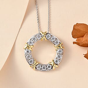 Moissanite XOXO Circle Pendant Necklace 20 Inches in Vermeil YG and Platinum Over Sterling Silver 1.50 ctw