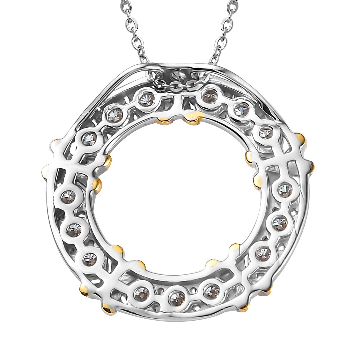 Moissanite XOXO Circle Pendant Necklace 20 Inches in Vermeil YG and Platinum Over Sterling Silver 1.50 ctw