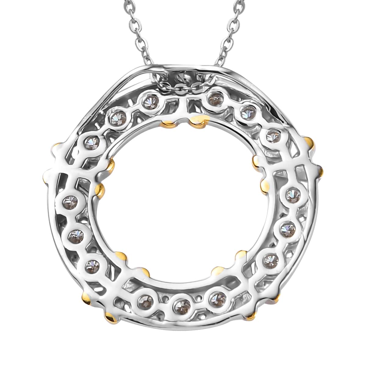 Moissanite XOXO Circle Pendant Necklace 20 Inches in Vermeil YG and Platinum Over Sterling Silver 1.50 ctw image number 4