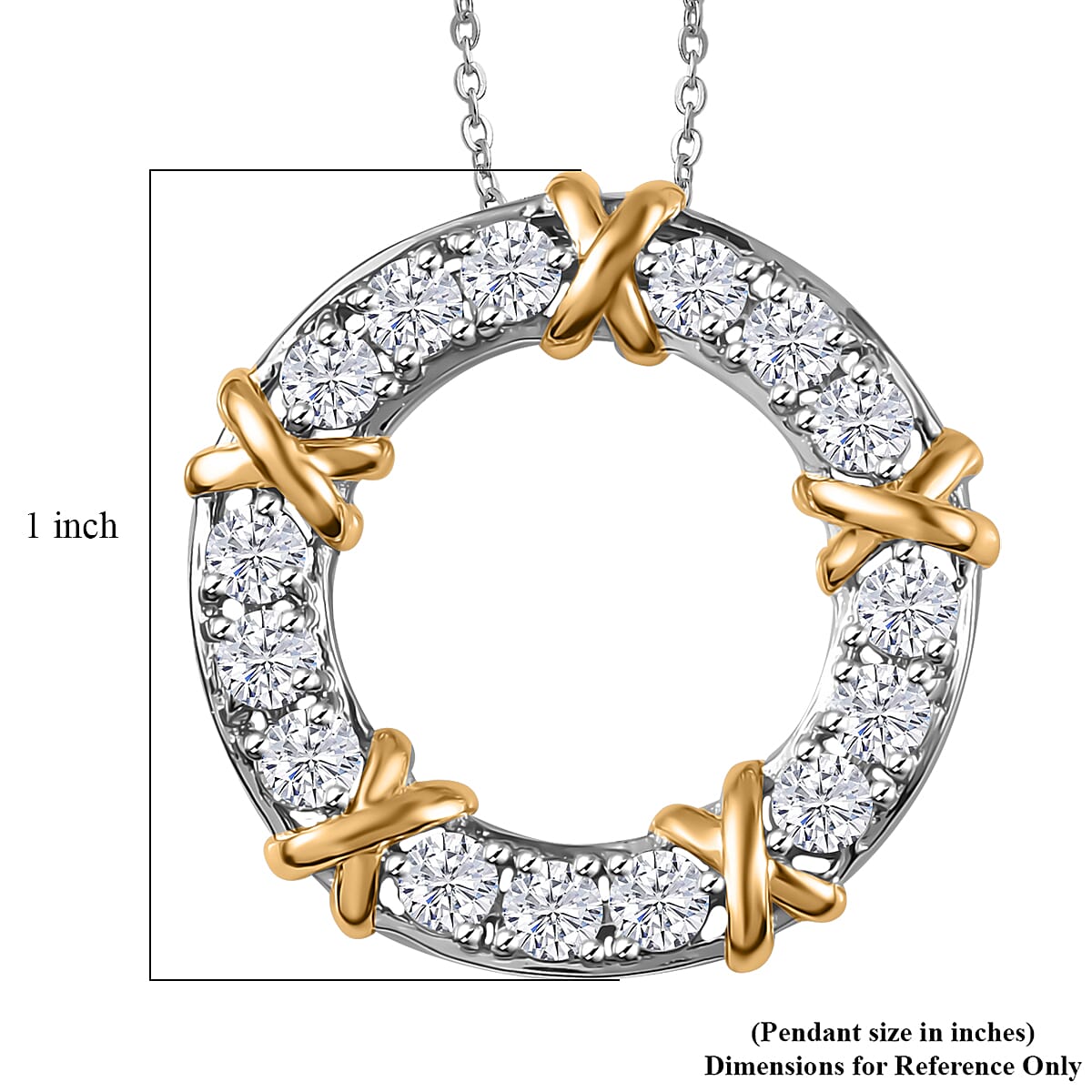 Moissanite XOXO Circle Pendant Necklace 20 Inches in Vermeil YG and Platinum Over Sterling Silver 1.50 ctw