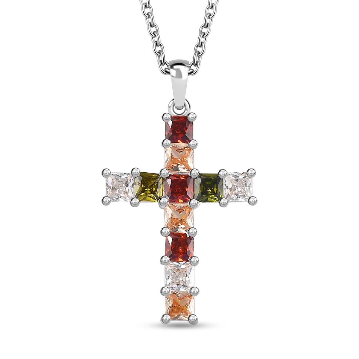 Simulated Multi Color Diamond Cross Pendant in Sterling Silver with Stainless Steel Necklace 20 Inches 1.60 ctw image number 0