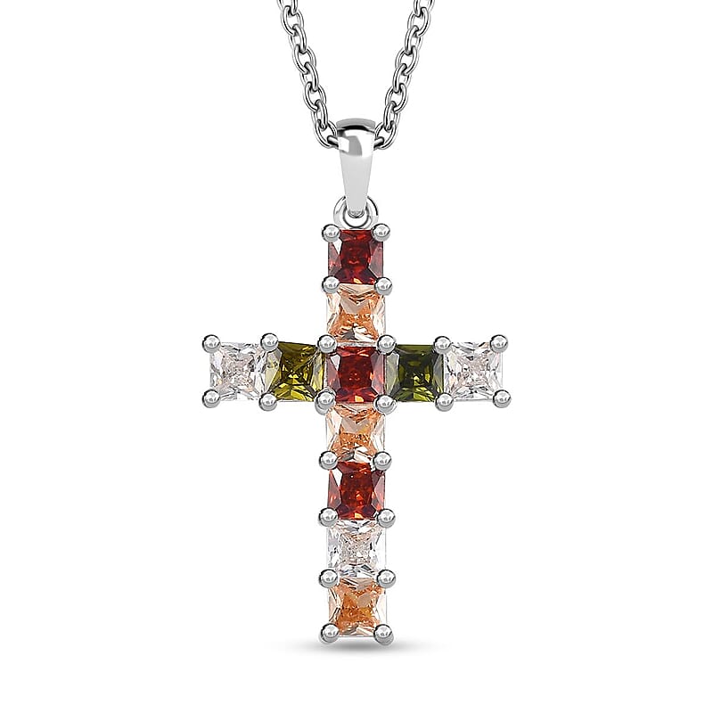 Simulated Multi Color Diamond Cross Pendant in Sterling Silver with Stainless Steel Necklace 20 Inches 1.60 ctw