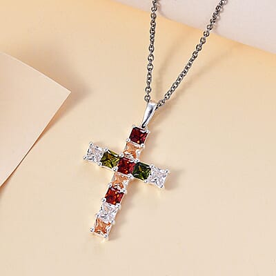 Simulated Multi Color Diamond Cross Pendant in Sterling Silver with Stainless Steel Necklace 20 Inches 1.60 ctw