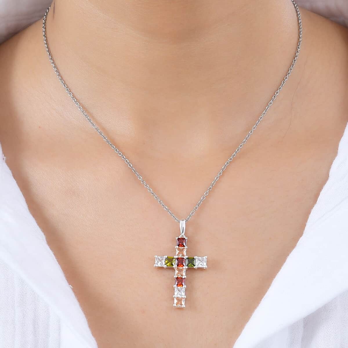 Simulated Multi Color Diamond Cross Pendant in Sterling Silver with Stainless Steel Necklace 20 Inches 1.60 ctw image number 2