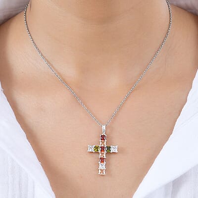 Simulated Multi Color Diamond Cross Pendant in Sterling Silver with Stainless Steel Necklace 20 Inches 1.60 ctw