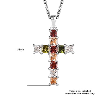 Simulated Multi Color Diamond Cross Pendant in Sterling Silver with Stainless Steel Necklace 20 Inches 1.60 ctw