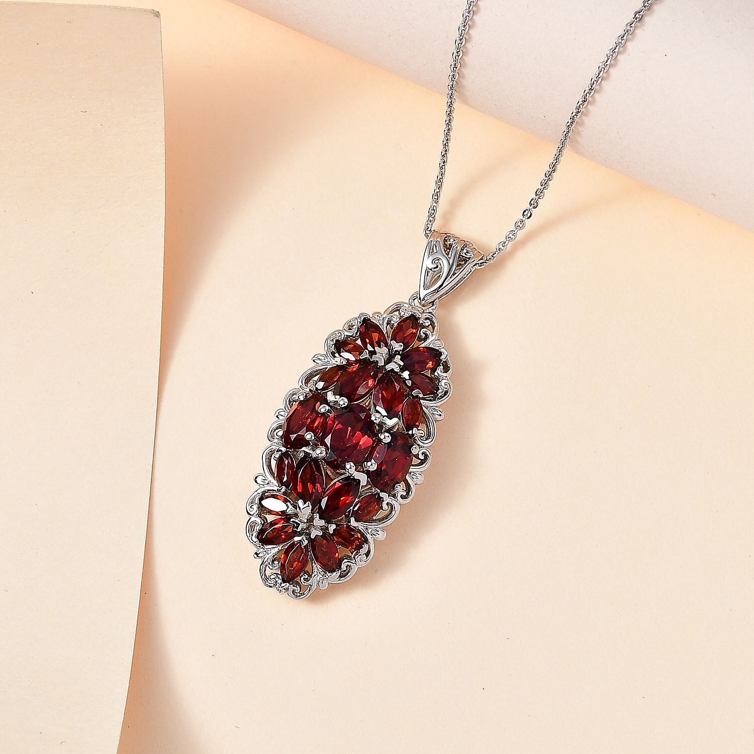Mozambique Garnet Elongated Pendant Necklace 20 Inches in Platinum Over Sterling Silver 5.40 ctw