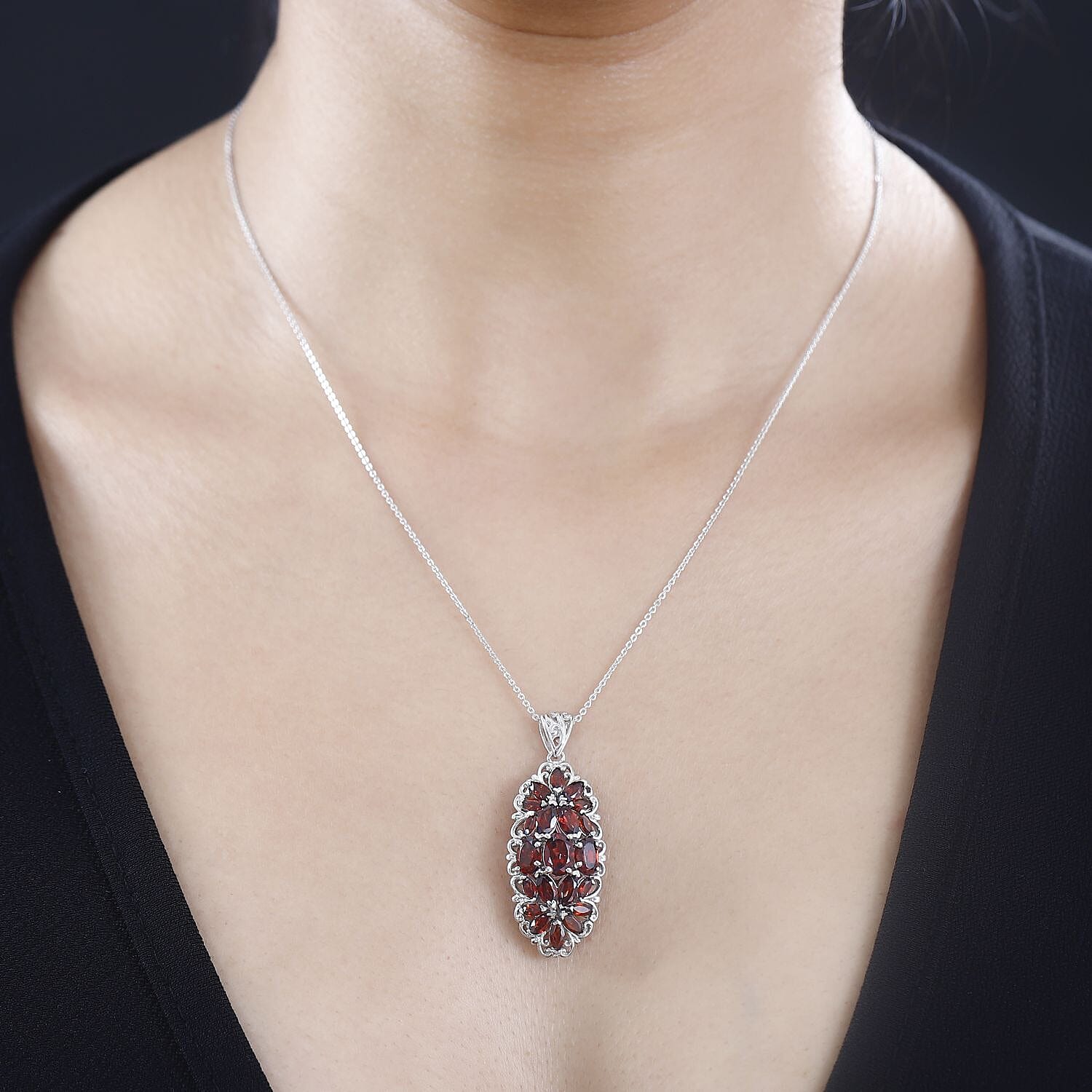 Mozambique Garnet Elongated Pendant Necklace 20 Inches in Platinum Over Sterling Silver 5.40 ctw