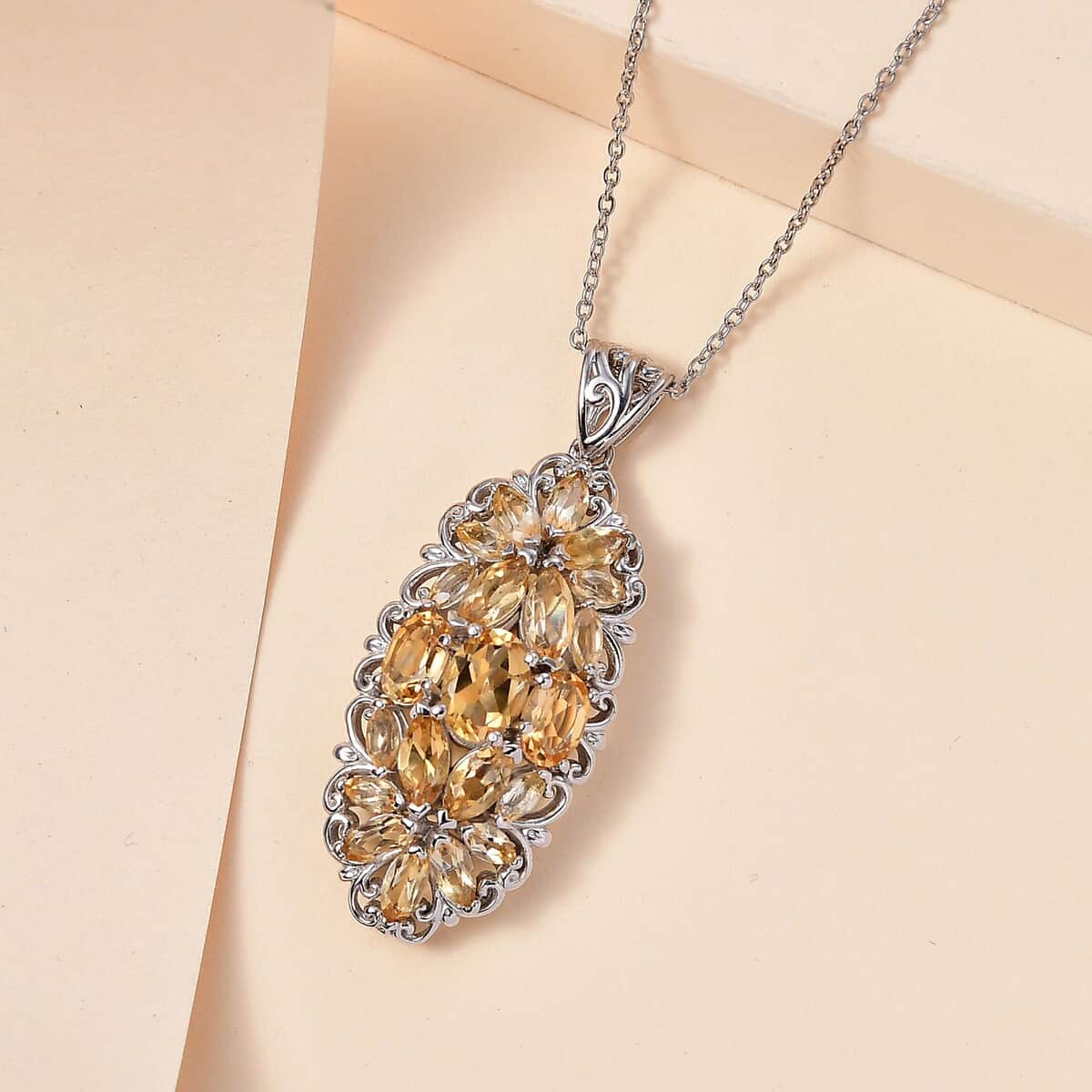 Brazilian Citrine Elongated Pendant Necklace 20 Inches in Platinum Over Sterling Silver 4.00 ctw image number 1