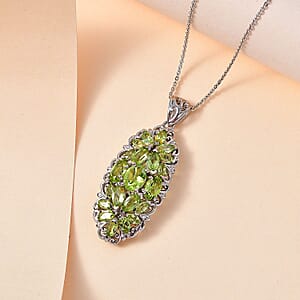Peridot Elongated Pendant Necklace 20 Inches in Platinum Over Sterling Silver 4.40 ctw