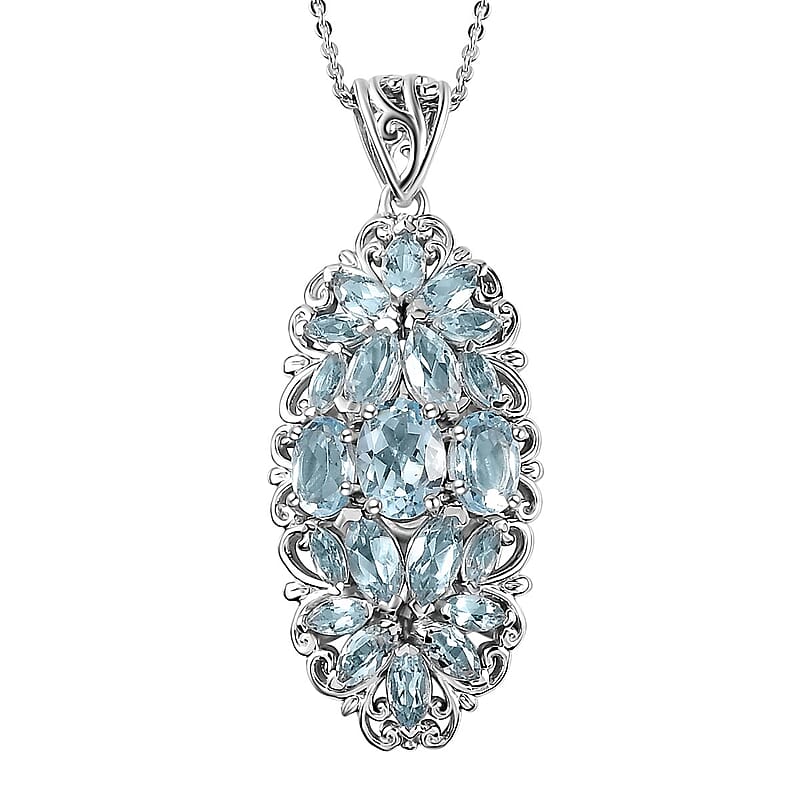 Sky Blue Topaz Elongated Pendant Necklace 20 Inches in Platinum Over Sterling Silver 4.90 ctw