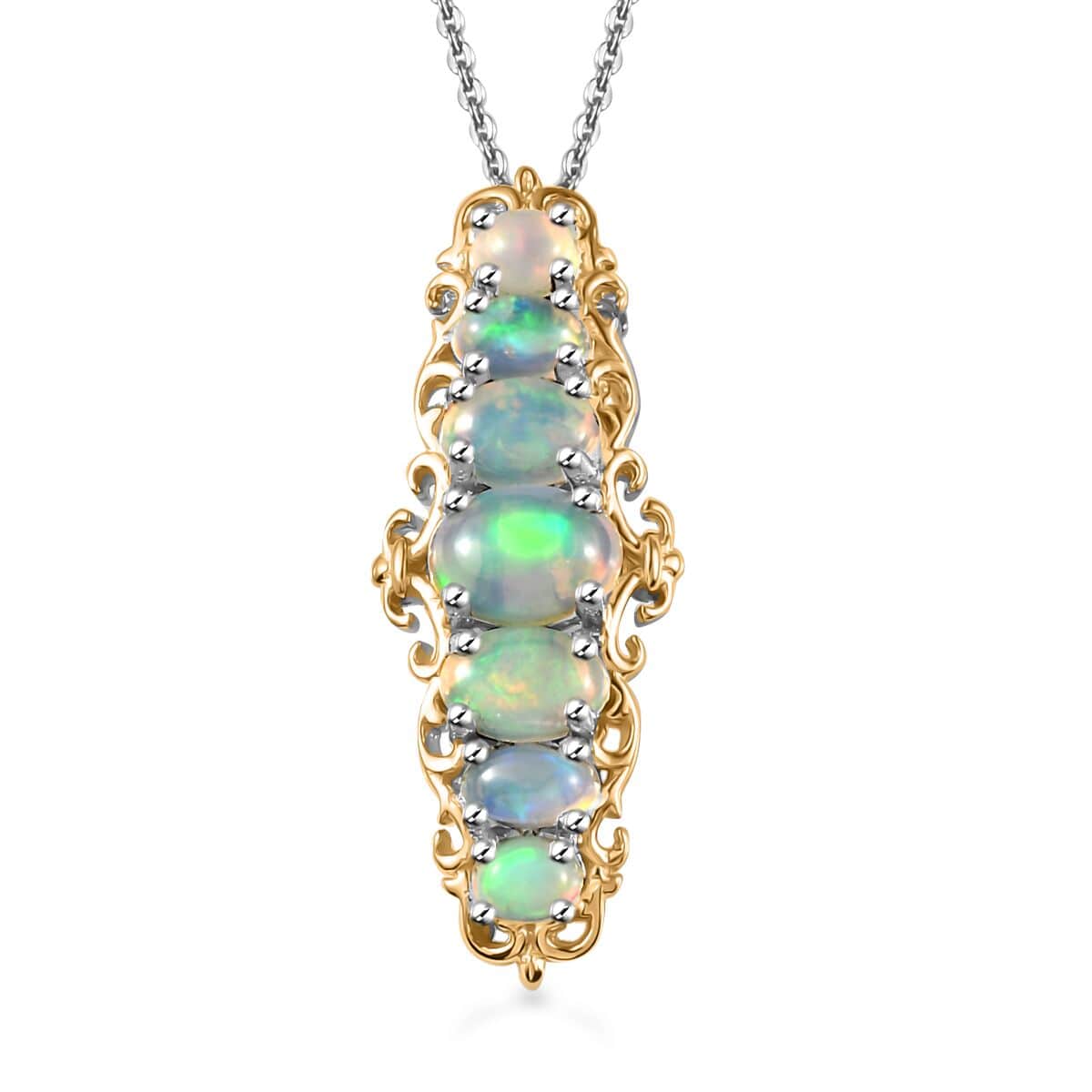 Premium Ethiopian Welo Opal Elongated Pendant Necklace (20 Inches) in Vermeil YG and Platinum Over Sterling Silver 1.75 ctw image number 0