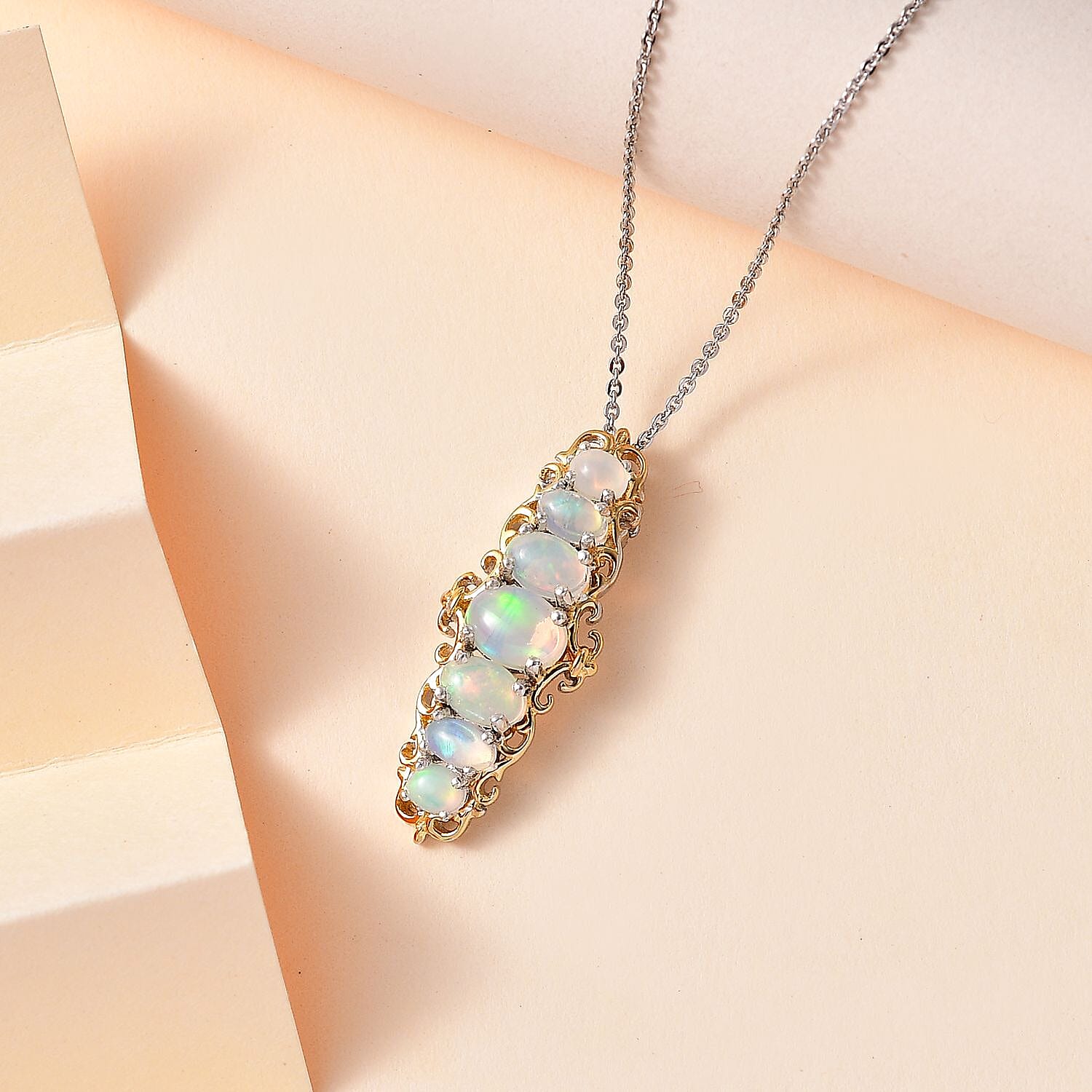 Premium Ethiopian Welo Opal Elongated Pendant Necklace 20 Inches in Vermeil YG and Platinum Over Sterling Silver 1.75 ctw