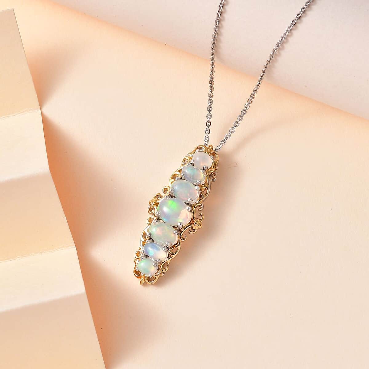 Premium Ethiopian Welo Opal Elongated Pendant Necklace 20 Inches in Vermeil YG and Platinum Over Sterling Silver 1.75 ctw image number 1
