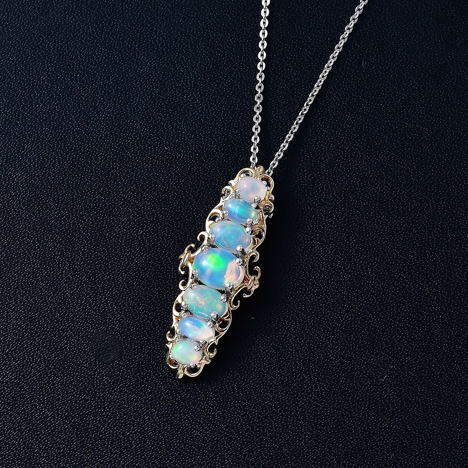 Premium Ethiopian Welo Opal Elongated Pendant Necklace 20 Inches in Vermeil YG and Platinum Over Sterling Silver 1.75 ctw