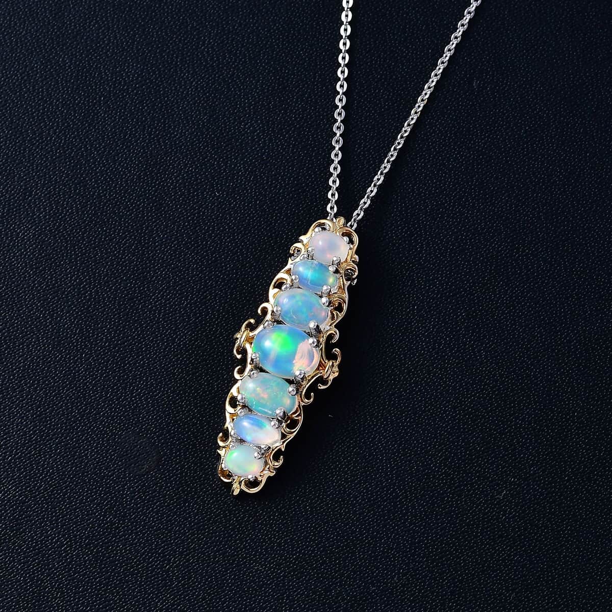 Premium Ethiopian Welo Opal Elongated Pendant Necklace (20 Inches) in Vermeil YG and Platinum Over Sterling Silver 1.75 ctw image number 2