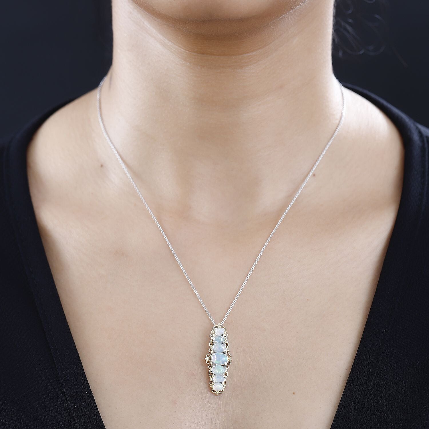 Premium Ethiopian Welo Opal Elongated Pendant Necklace 20 Inches in Vermeil YG and Platinum Over Sterling Silver 1.75 ctw