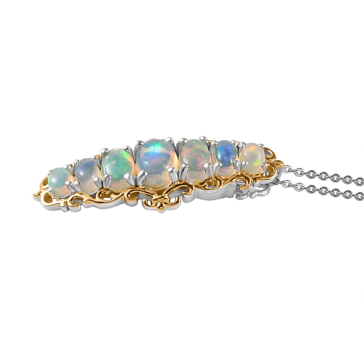 Premium Ethiopian Welo Opal Elongated Pendant Necklace 20 Inches in Vermeil YG and Platinum Over Sterling Silver 1.75 ctw image number 4