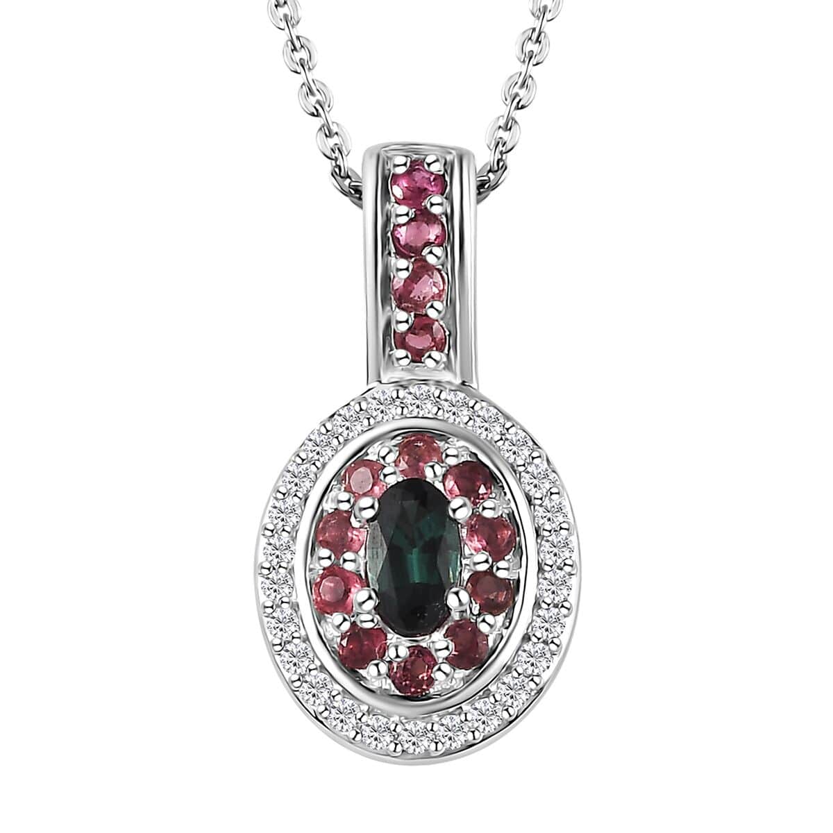 AAA Monte Belo Indicolite and Multi Gemstone Double Halo Pendant Necklace 20 Inches in Rhodium Over Sterling Silver 0.75 ctw image number 0