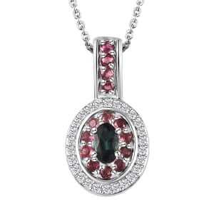 AAA Monte Belo Indicolite and Multi Gemstone Double Halo Pendant Necklace 20 Inches in Rhodium Over Sterling Silver 0.75 ctw