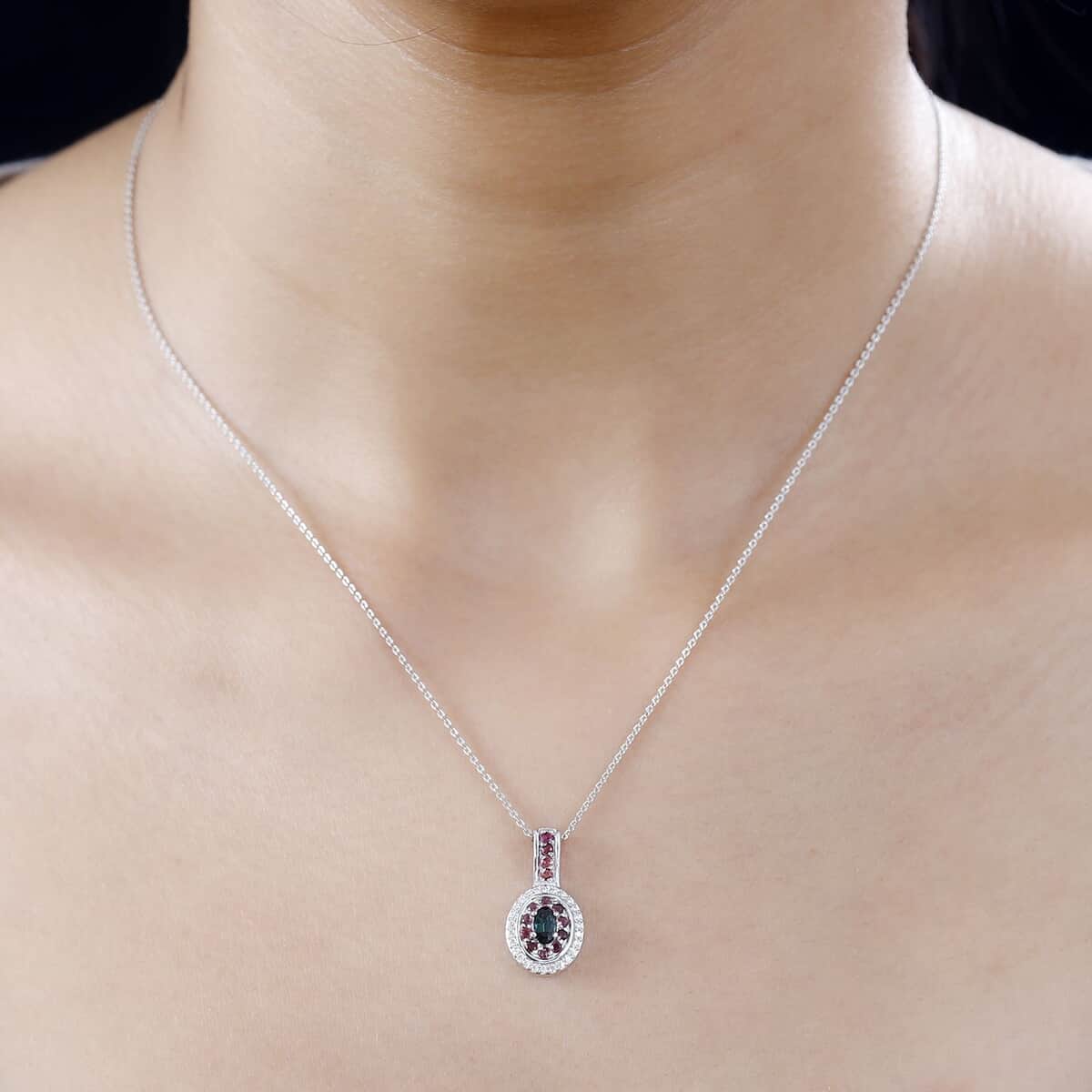 AAA Monte Belo Indicolite and Multi Gemstone Double Halo Pendant Necklace 20 Inches in Rhodium Over Sterling Silver 0.75 ctw image number 2