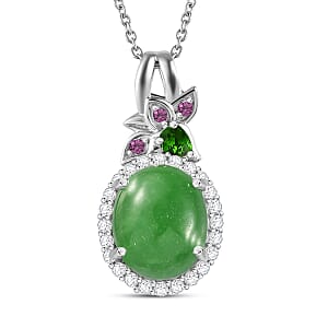Green Jade (D) and Multi Gemstone Halo Pendant Necklace 20 Inches in Rhodium Over Sterling Silver 7.15 ctw