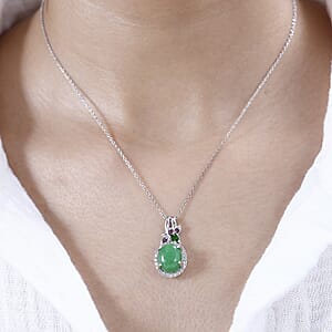 Green Jade (D) and Multi Gemstone Halo Pendant Necklace 20 Inches in Rhodium Over Sterling Silver 7.15 ctw